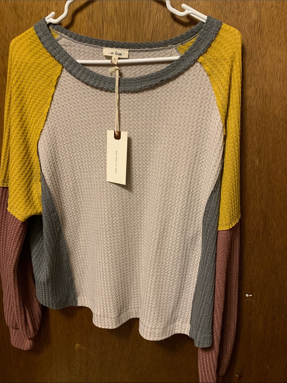 In Bloom Colorblock Waffle Knit Scoop Neck Sweater in Yellow, Gray & Cream